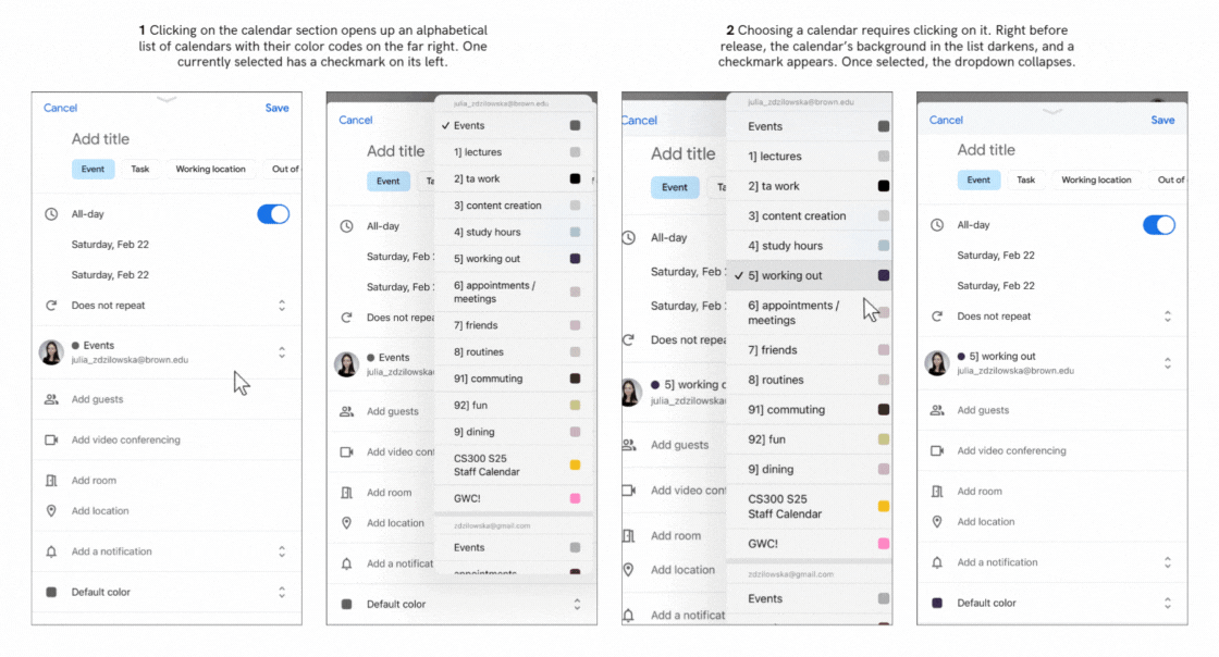 An animation showing the user navigating GCal's calendar selection dropdown button on mobile