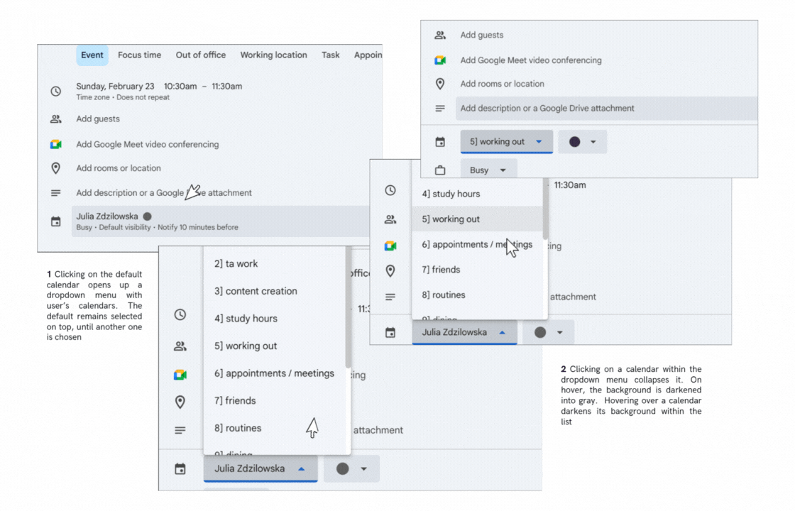 An animation showing the user navigating GCal's calendar selection dropdown button with a mouse