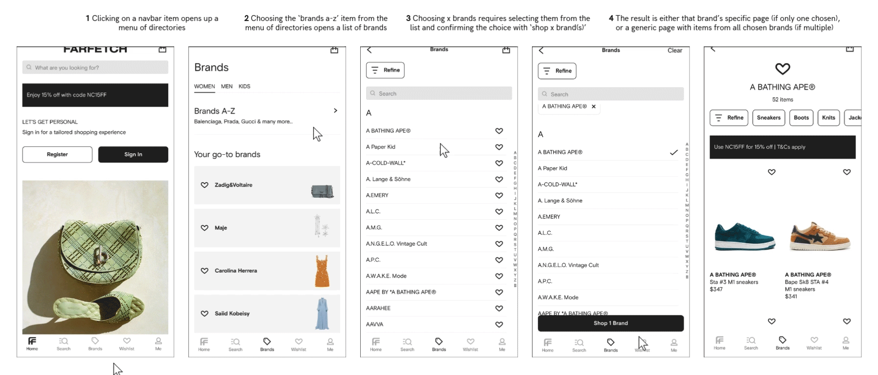 An animation showing the user navigating Farfetch's main category menu on mobile