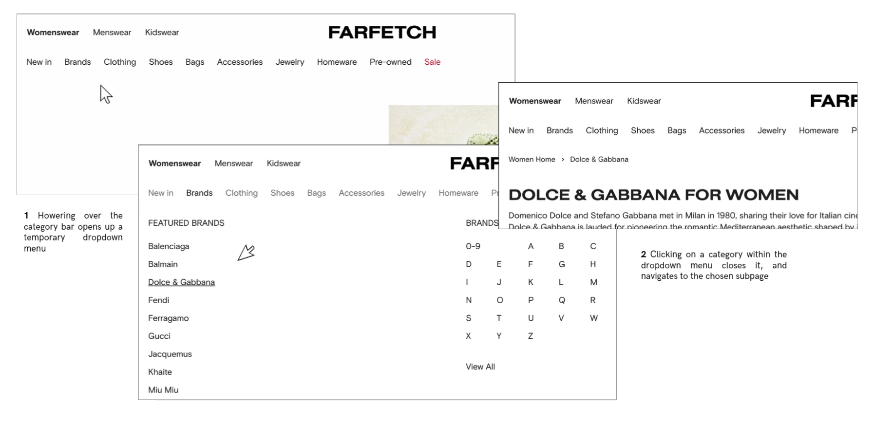 An animation showing the user navigating Farfetch's main category menu with a mouse