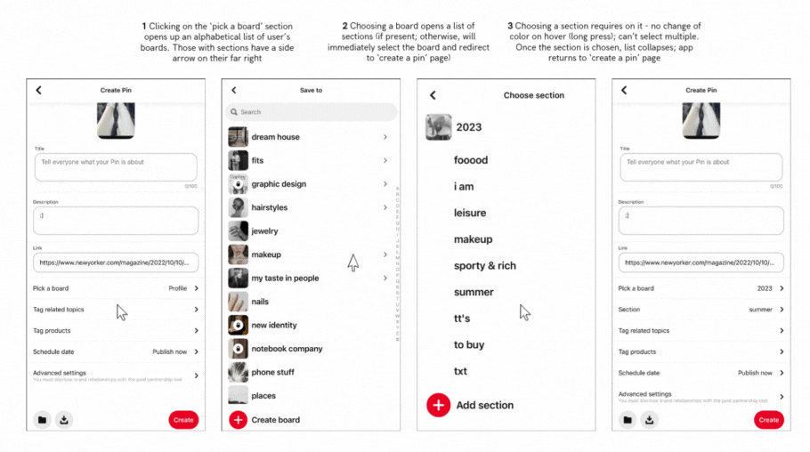 An animation showing the user navigating Pinterest's board selection dropdown on mobile