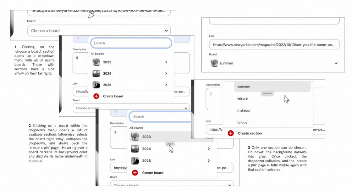 An animation showing the user navigating Pinterest's board selection dropdown with a mouse